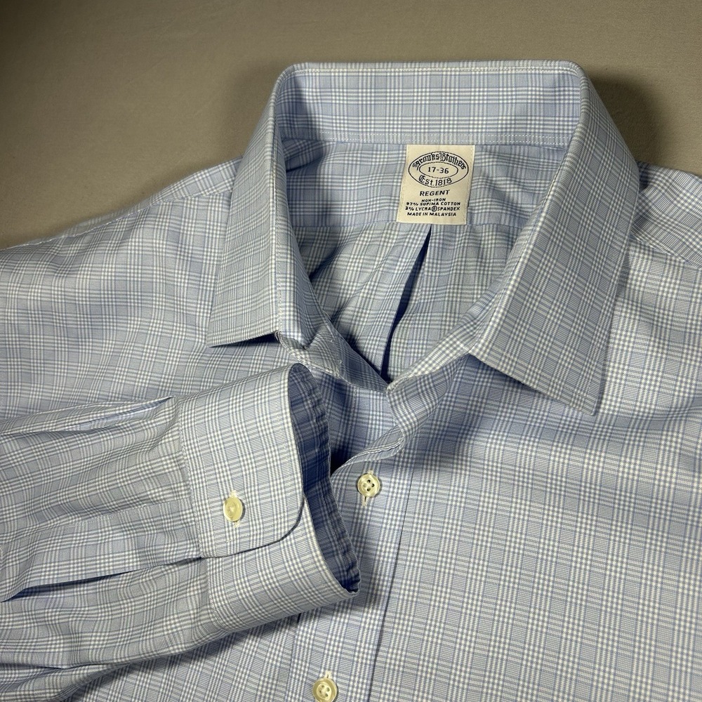 Mens XL Brooks Brothers Regent Blue Plaid Non Iron Dress Shirt 17 36 - Picture 1 of 9